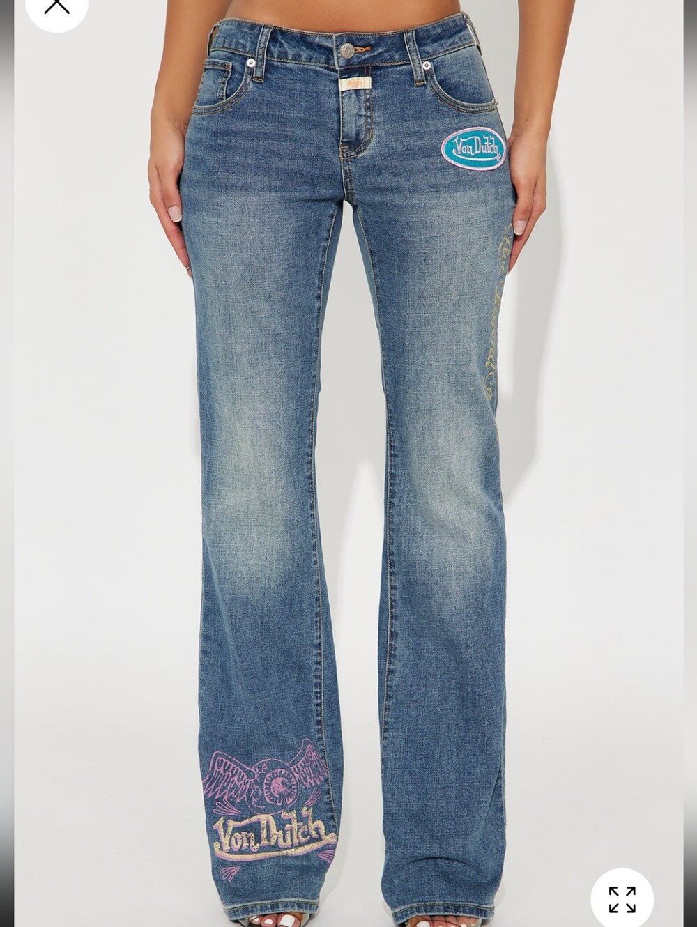Von Dutch Blue Flared Jeans with Pink & Cream Embroidery